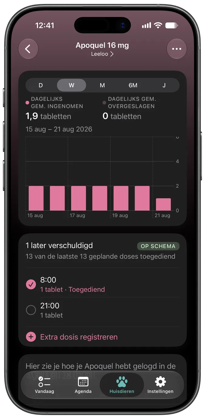 Medicijndetailscherm met verschuldigde en ingenomen doses