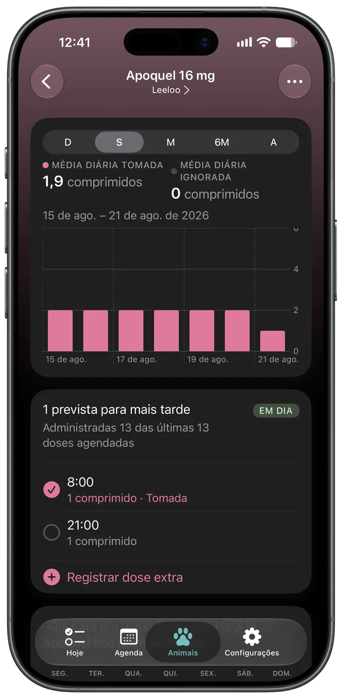 Tela de detalhes do medicamento mostrando doses pendentes e tomadas