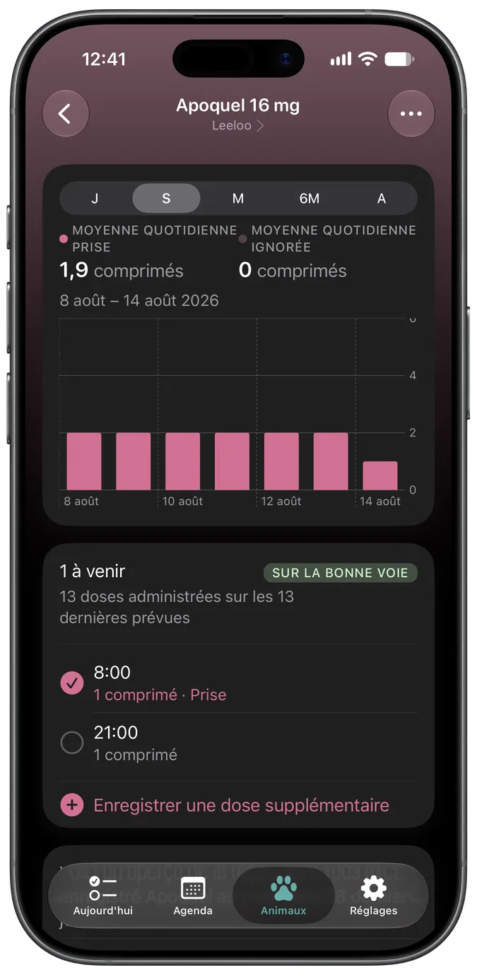 Écran de détail d'un médicament affichant les doses à venir et prises