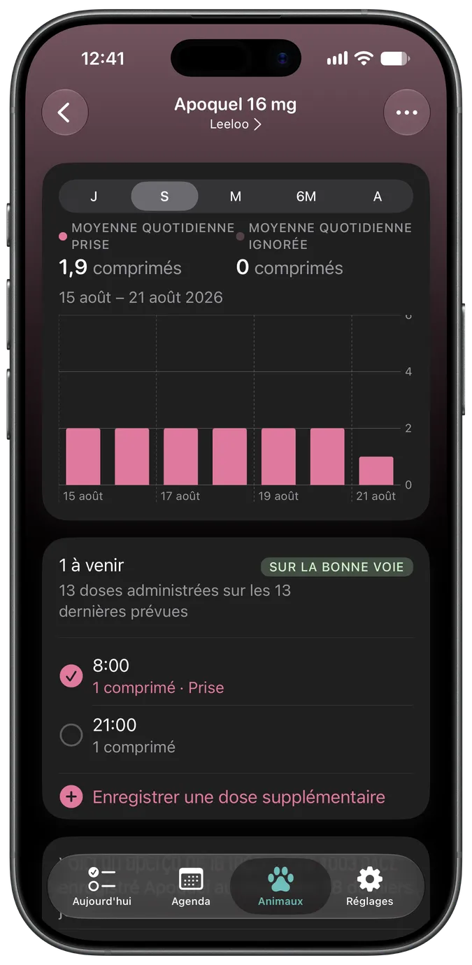 Écran de détail d'un médicament affichant les doses à venir et prises