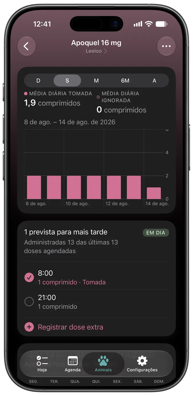 Tela de detalhes do medicamento mostrando doses pendentes e tomadas