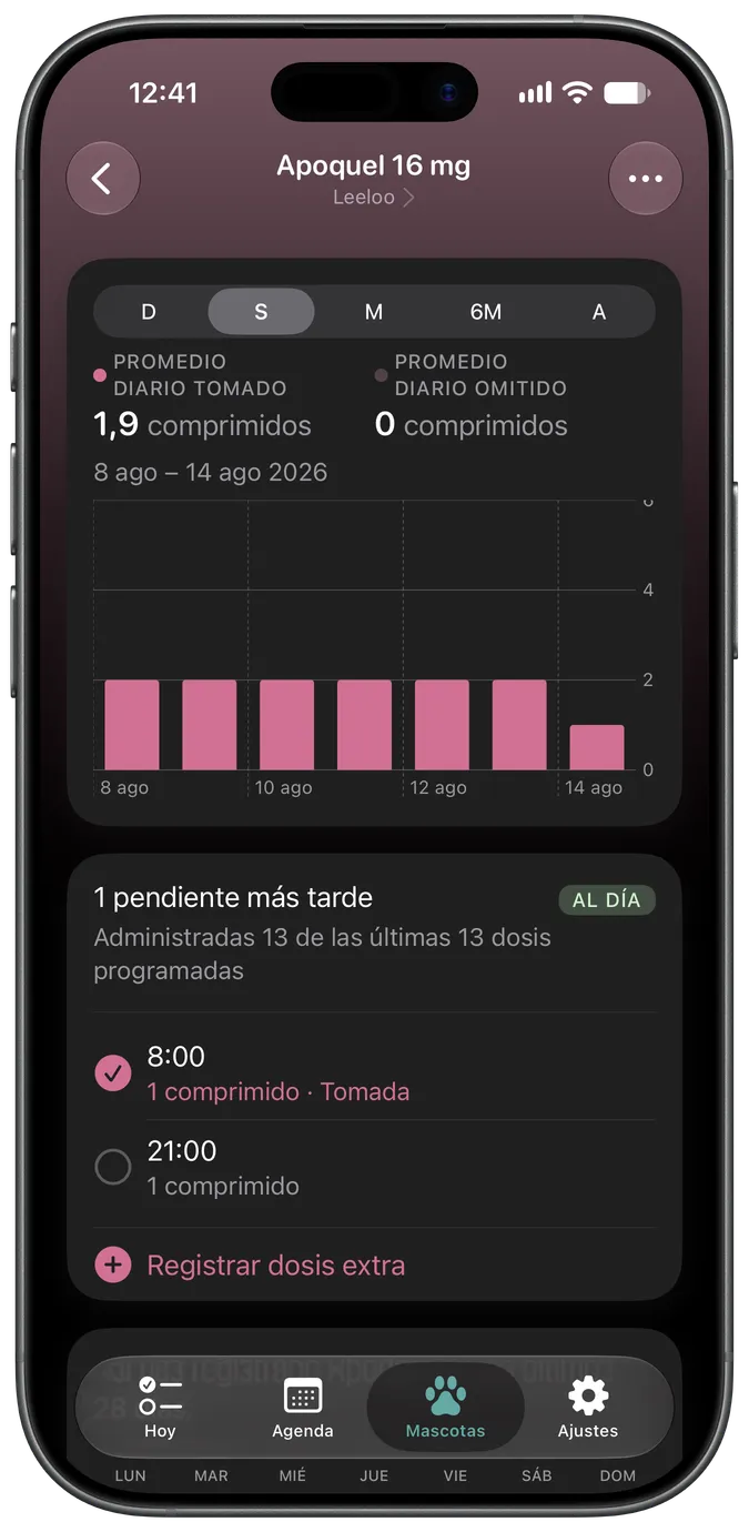 Pantalla de detalle de un medicamento con las dosis pendientes y las tomadas
