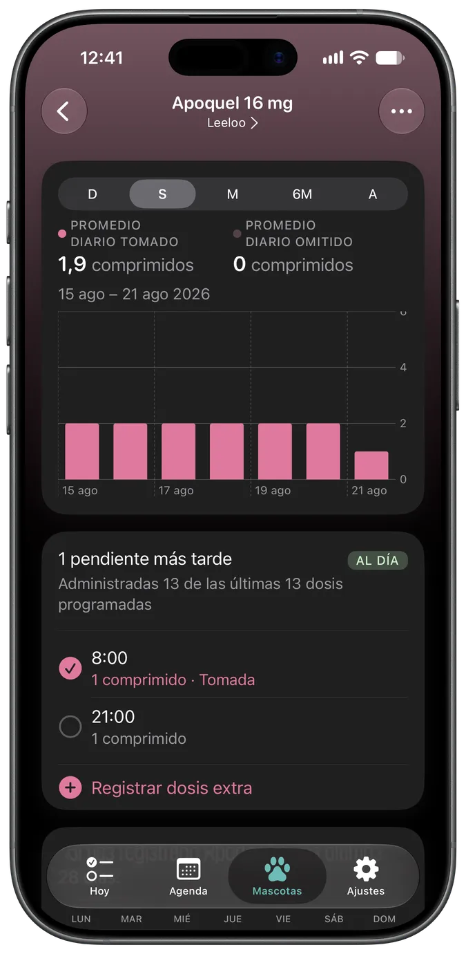Pantalla de detalle de un medicamento con las dosis pendientes y las tomadas