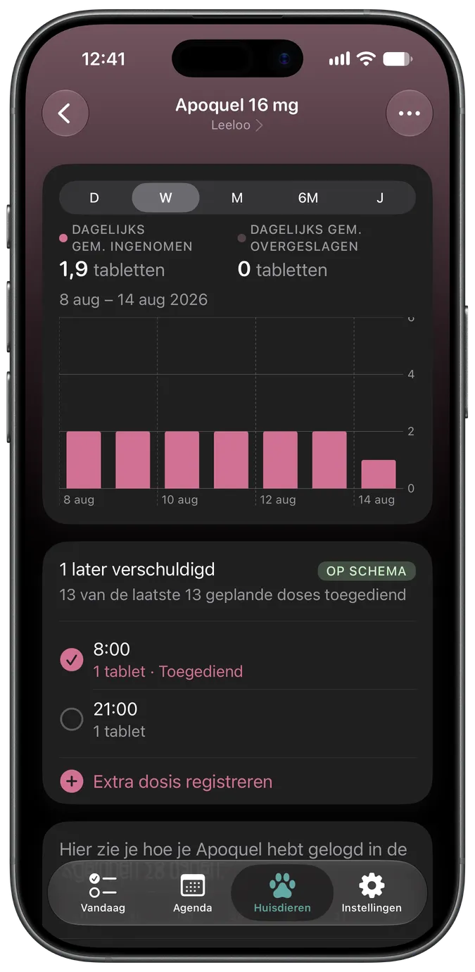Medicijndetailscherm met verschuldigde en ingenomen doses