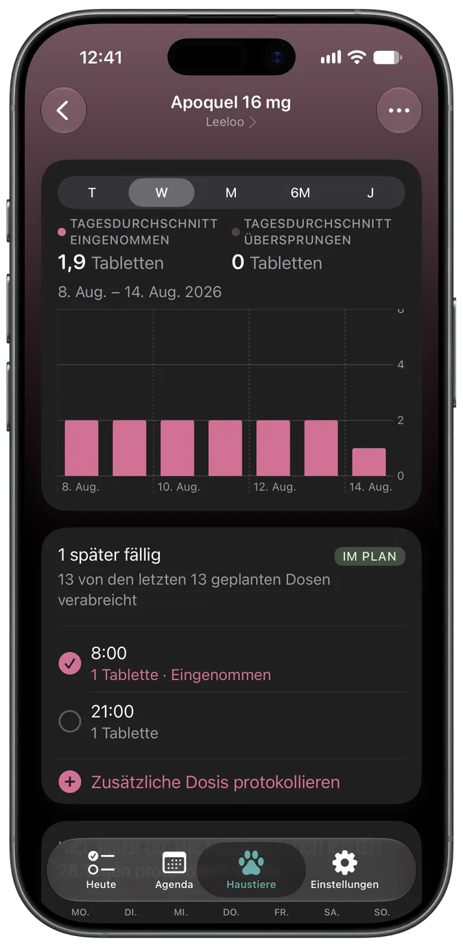 Medikamenten-Detailansicht mit fälligen und eingenommenen Dosen