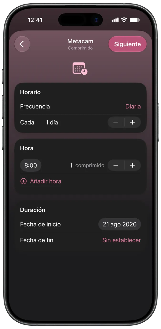 Pantalla de configuración del horario de un medicamento