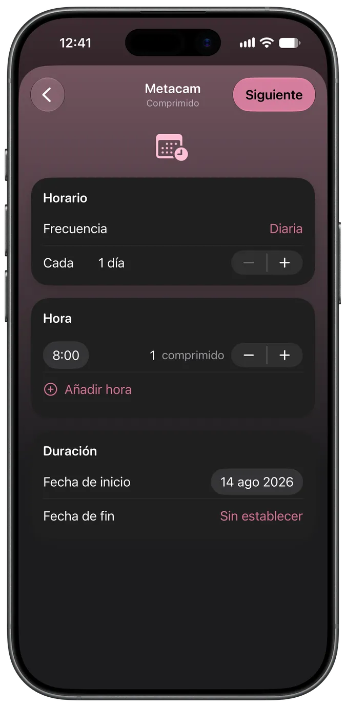 Pantalla de configuración del horario de un medicamento
