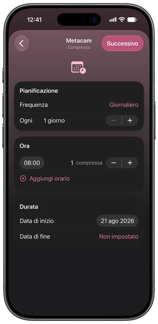 Schermata di impostazione del programma di un farmaco