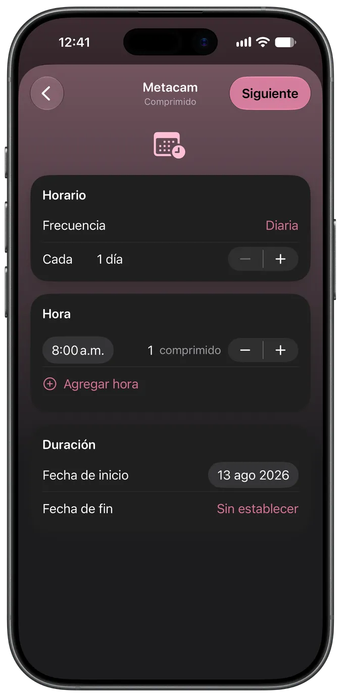 Pantalla de configuración del horario de medicamentos