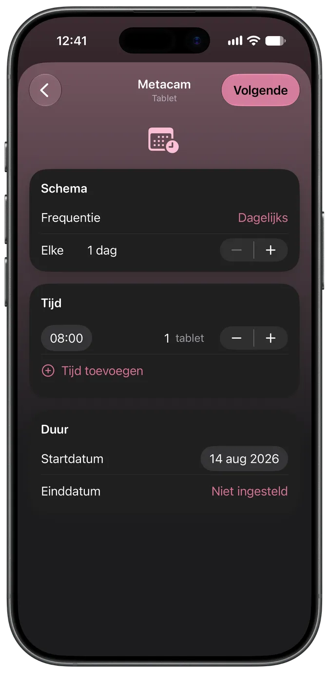 Scherm voor het instellen van het medicijnschema