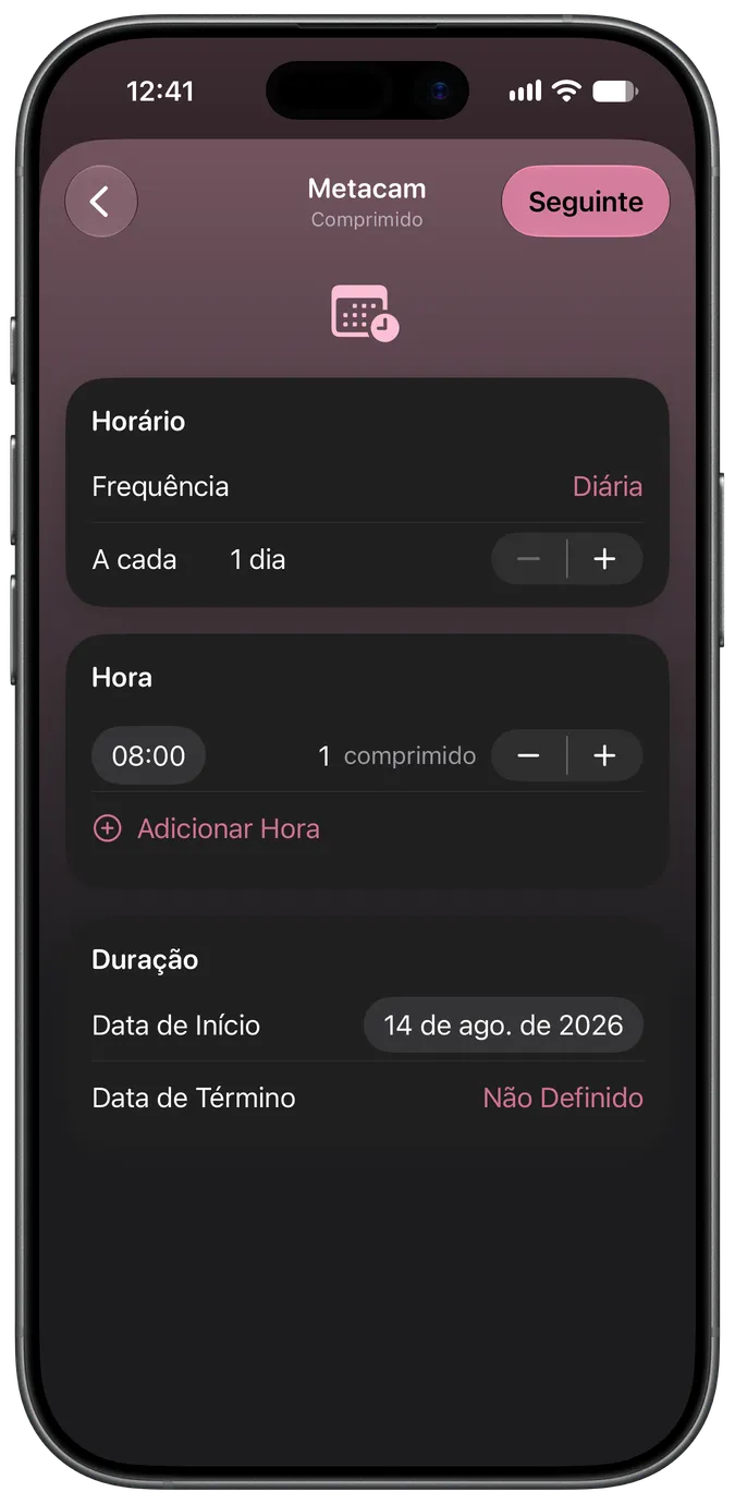 Tela de configuração da programação do medicamento