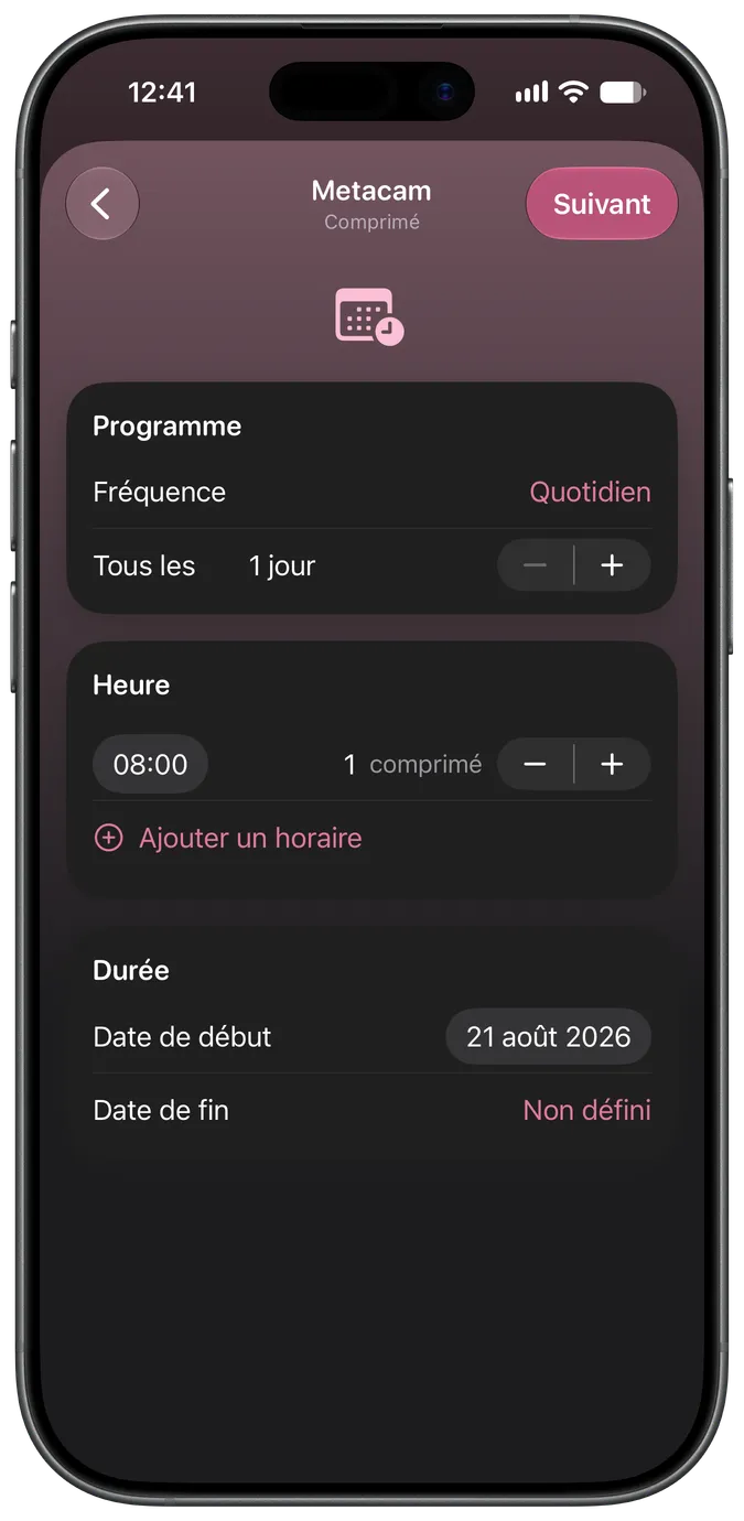 Écran de configuration de l'horaire d'un médicament
