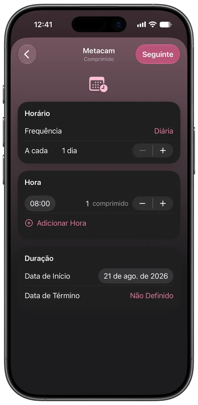 Tela de configuração da programação do medicamento
