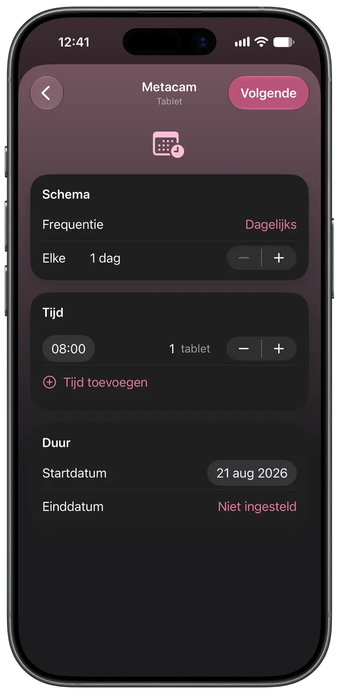 Scherm voor het instellen van het medicijnschema