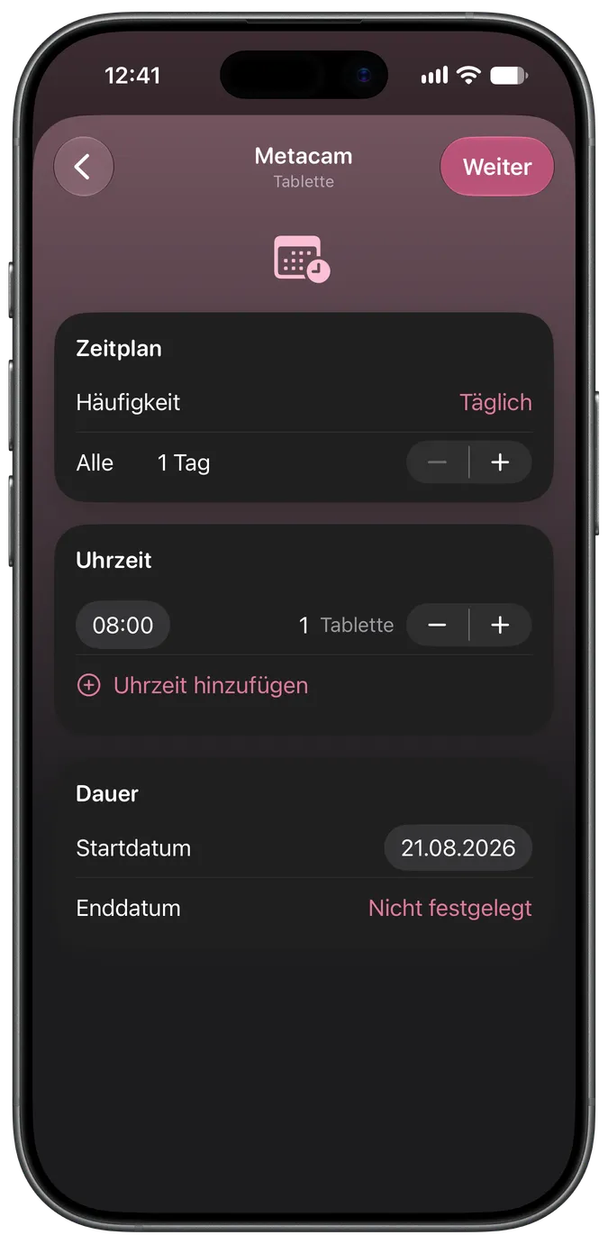 Bildschirm zur Einrichtung des Medikamentenplans