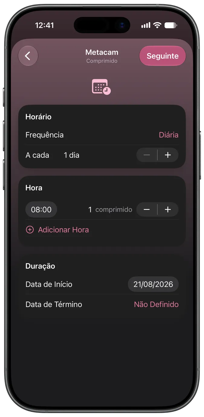Ecrã de configuração do horário do medicamento