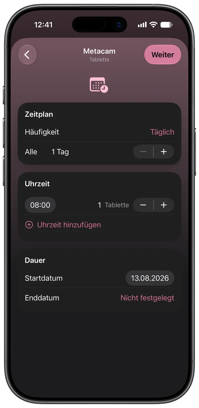 Bildschirm zur Einrichtung des Medikamentenplans