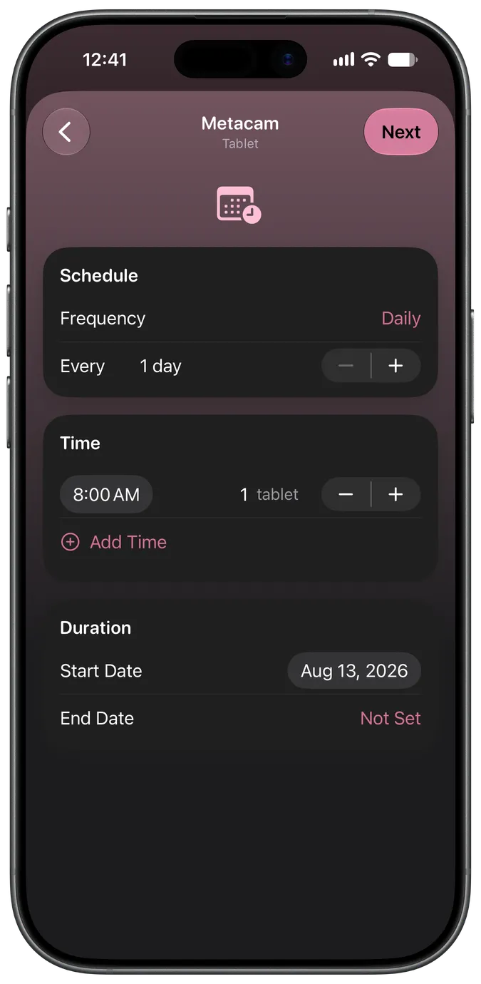 Medication schedule setup screen