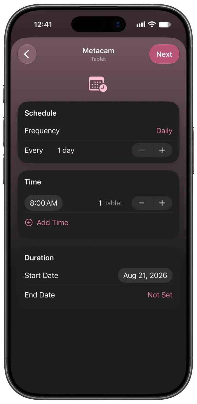 Medication schedule setup screen