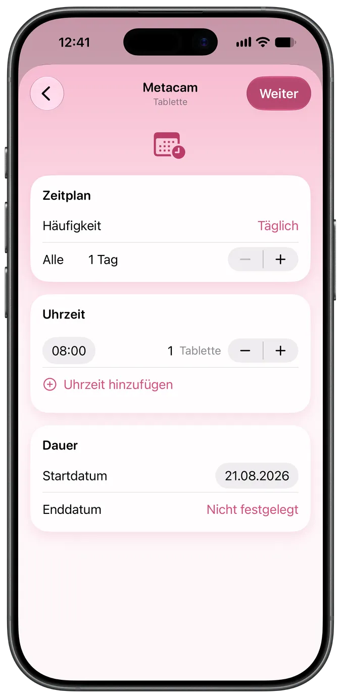 Bildschirm zur Einrichtung des Medikamentenplans