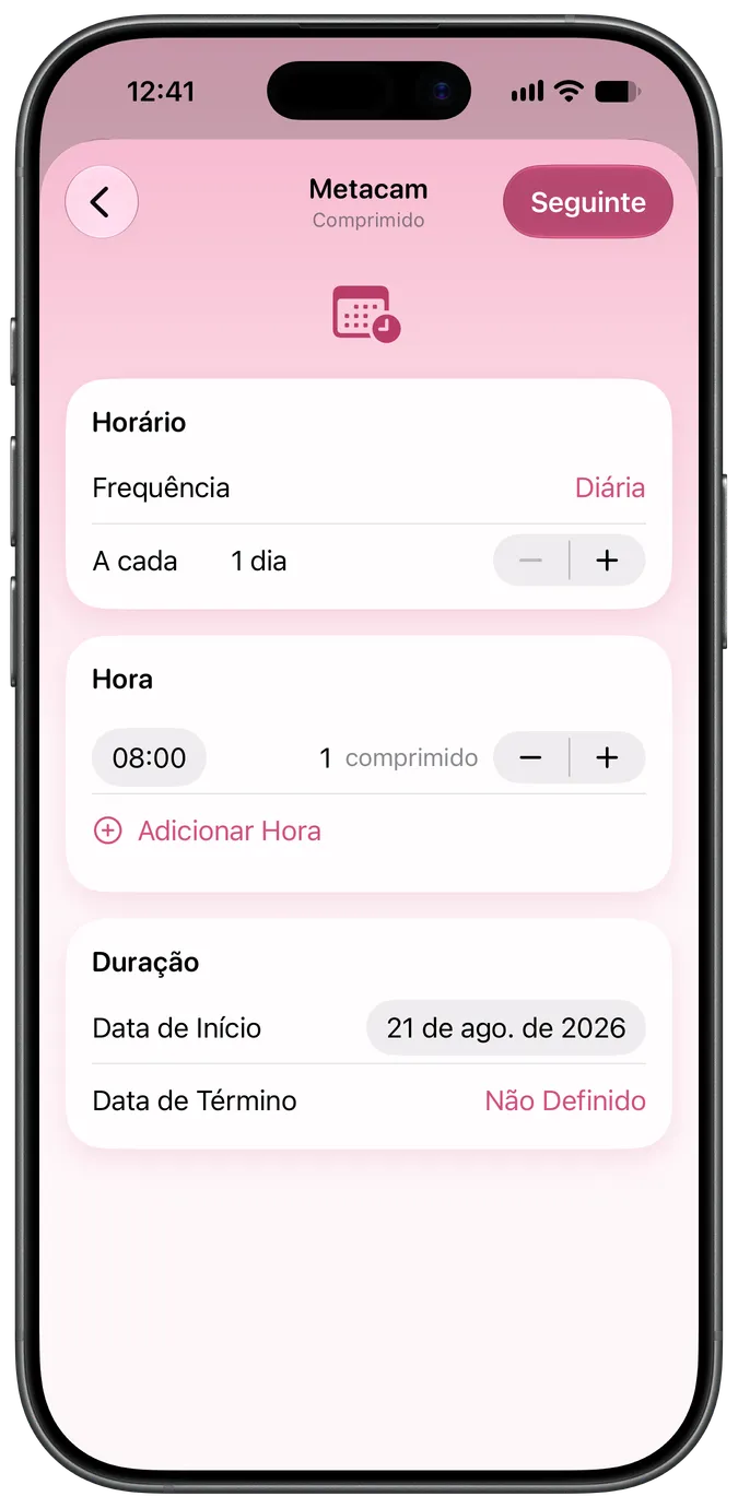 Tela de configuração da programação do medicamento