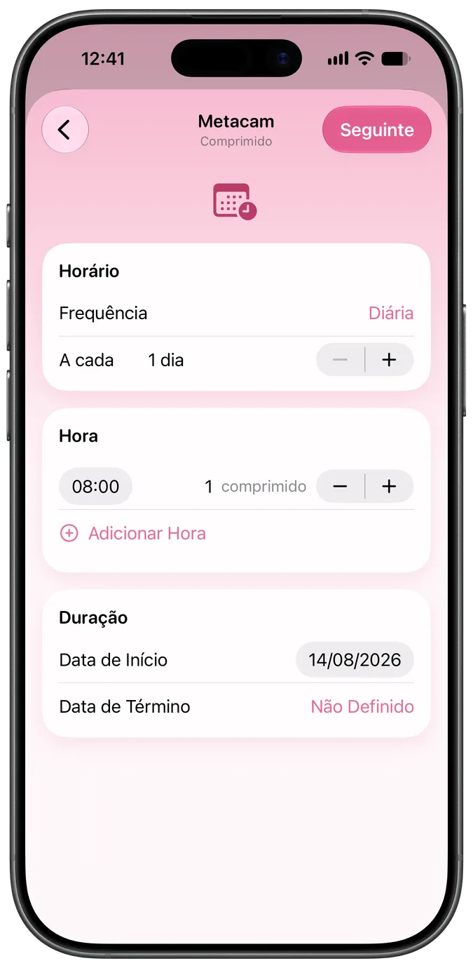 Ecrã de configuração do horário do medicamento