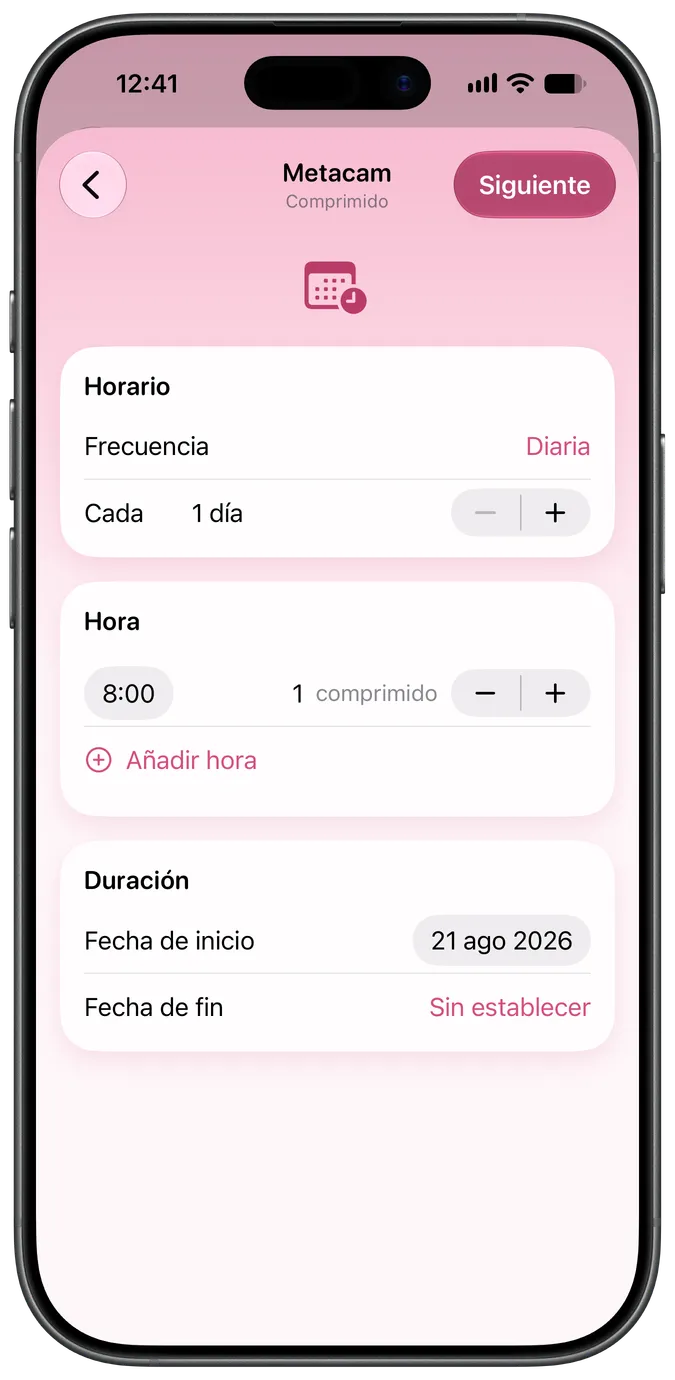 Pantalla de configuración del horario de un medicamento
