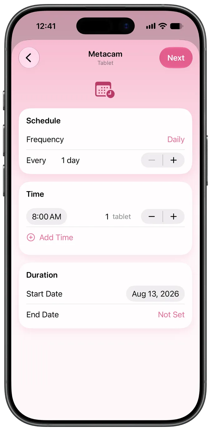 Medication schedule setup screen