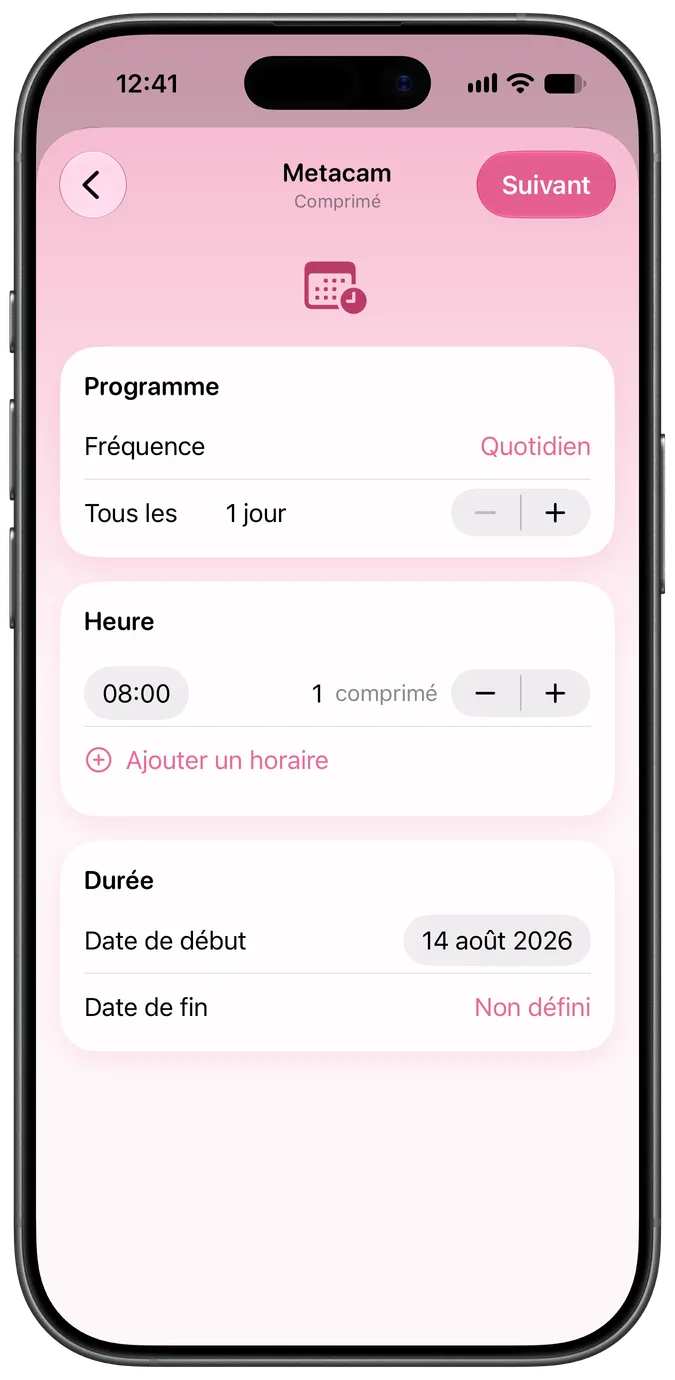 Écran de configuration de l'horaire d'un médicament