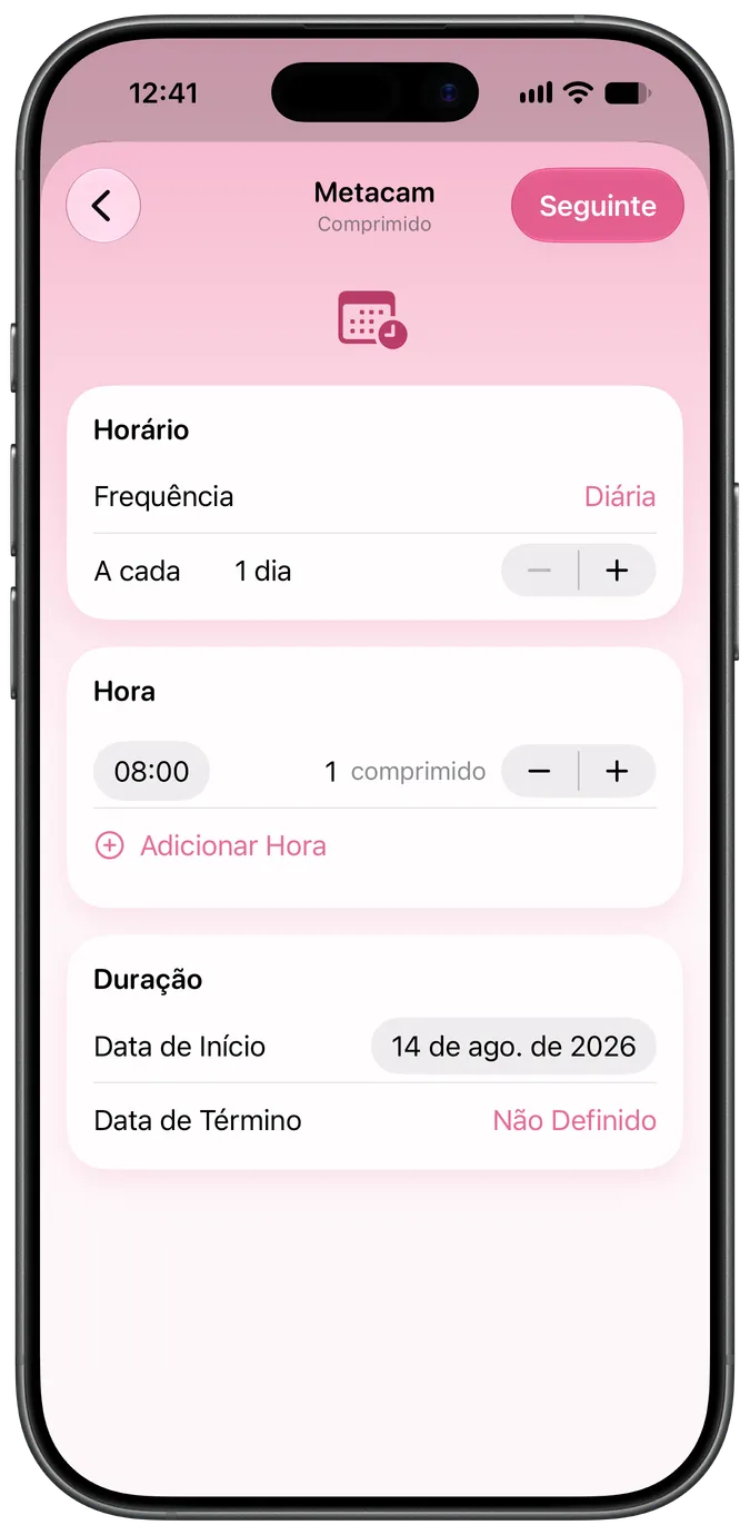 Tela de configuração da programação do medicamento