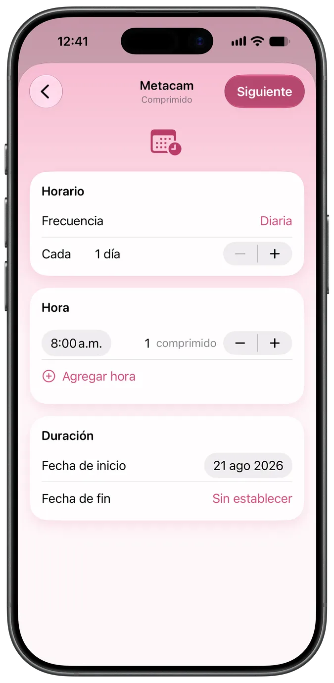 Pantalla de configuración del horario de medicamentos