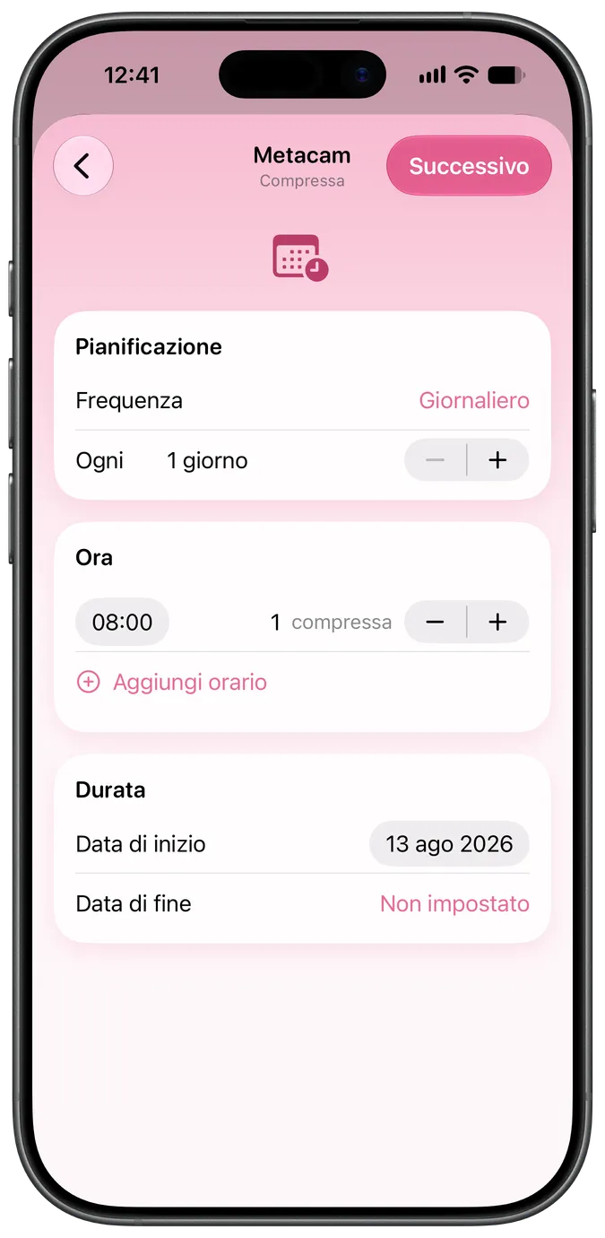 Schermata di impostazione del programma di un farmaco