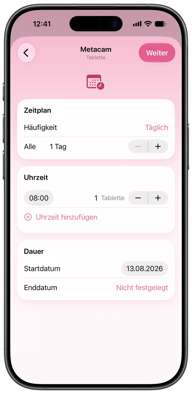 Bildschirm zur Einrichtung des Medikamentenplans