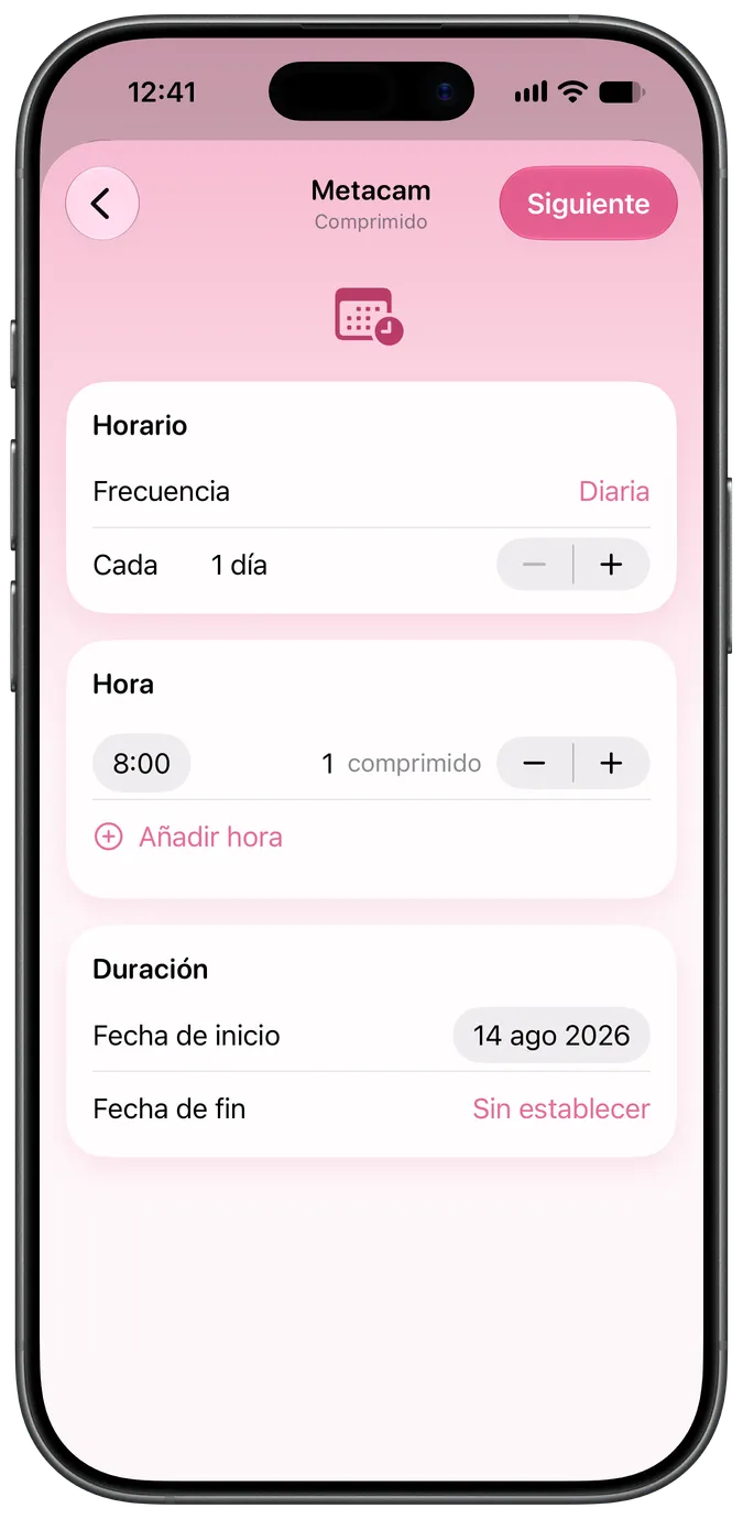 Pantalla de configuración del horario de un medicamento