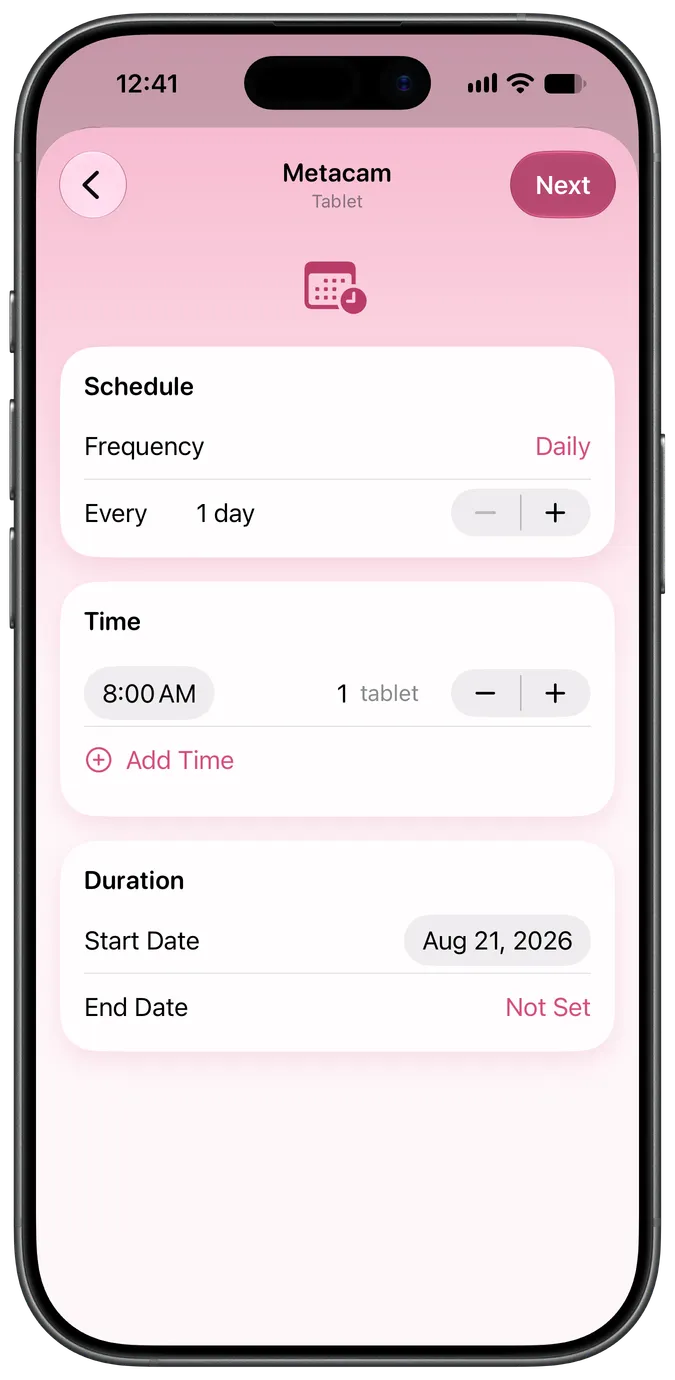 Medication schedule setup screen
