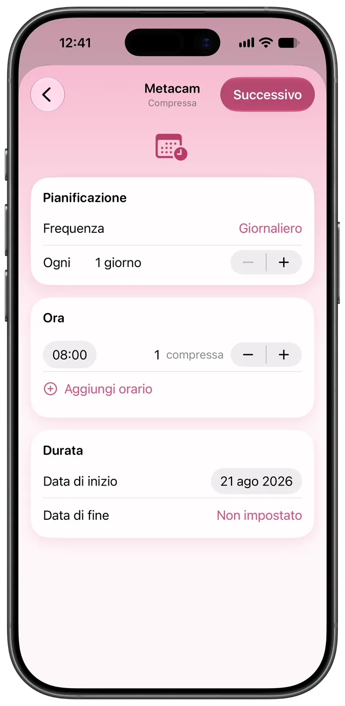 Schermata di impostazione del programma di un farmaco