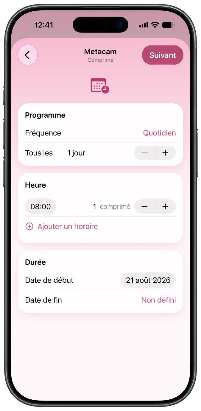 Écran de configuration de l'horaire d'un médicament