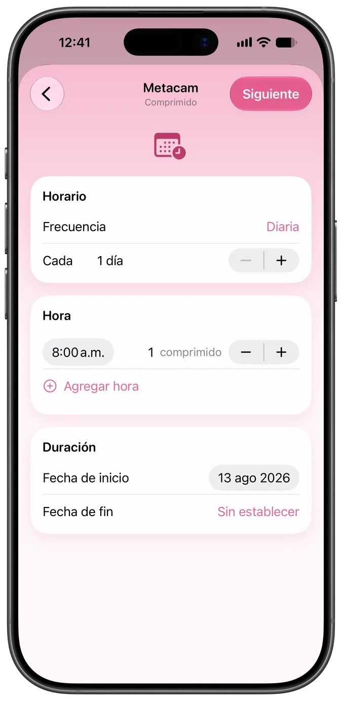 Pantalla de configuración del horario de medicamentos