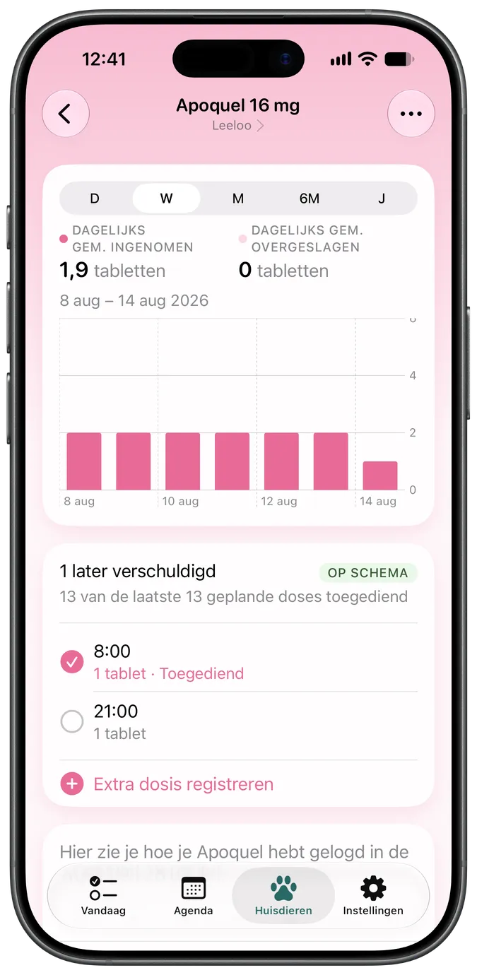 Medicijndetailscherm met verschuldigde en ingenomen doses