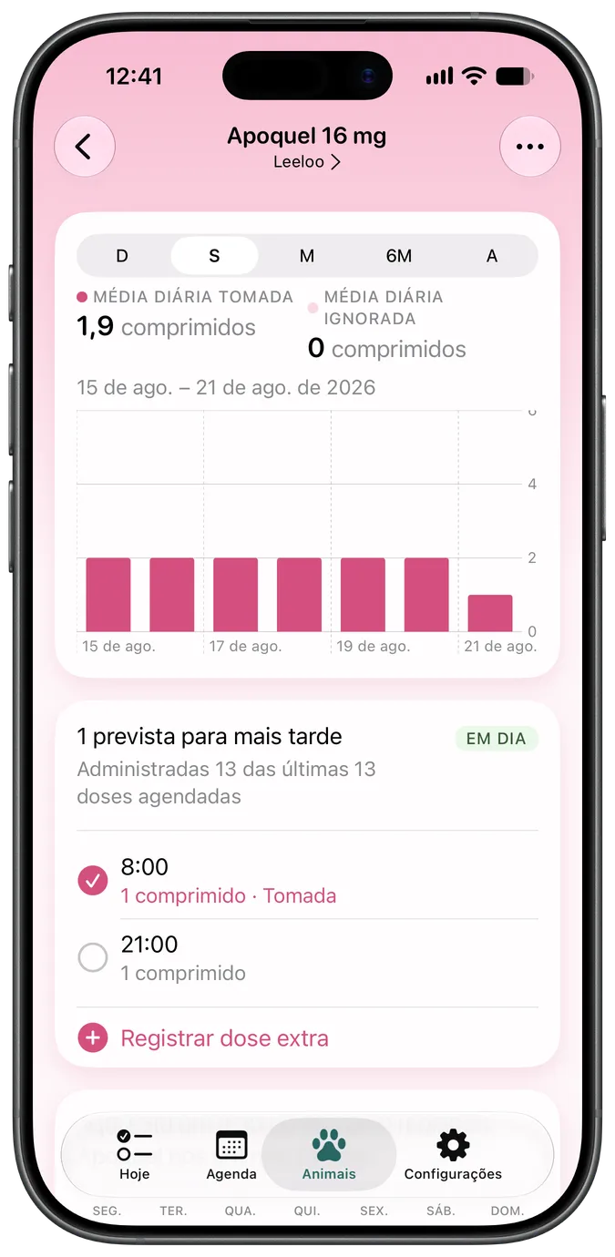Tela de detalhes do medicamento mostrando doses pendentes e tomadas