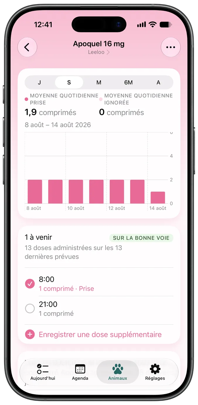 Écran de détail d'un médicament affichant les doses à venir et prises