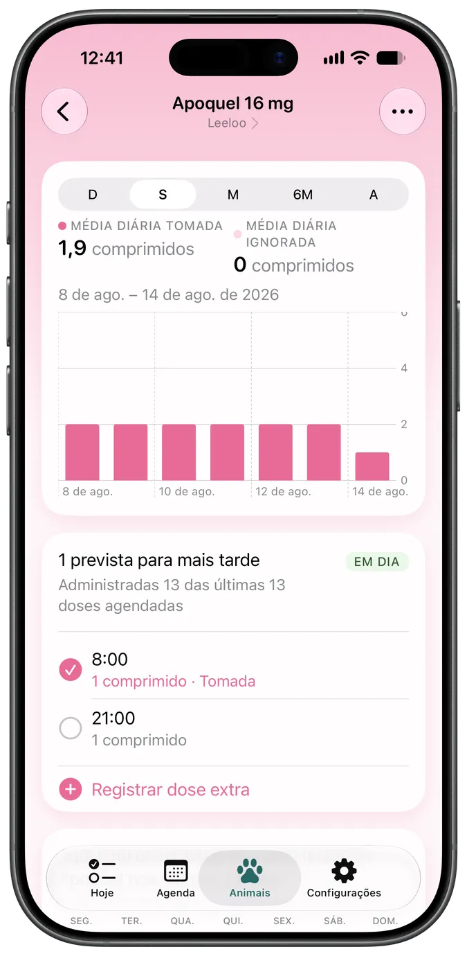Tela de detalhes do medicamento mostrando doses pendentes e tomadas