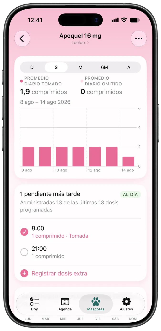 Pantalla de detalle de un medicamento con las dosis pendientes y las tomadas