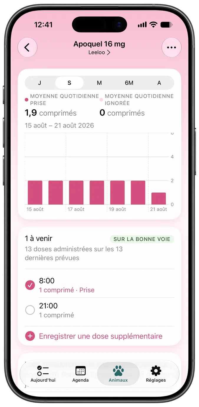 Écran de détail d'un médicament affichant les doses à venir et prises