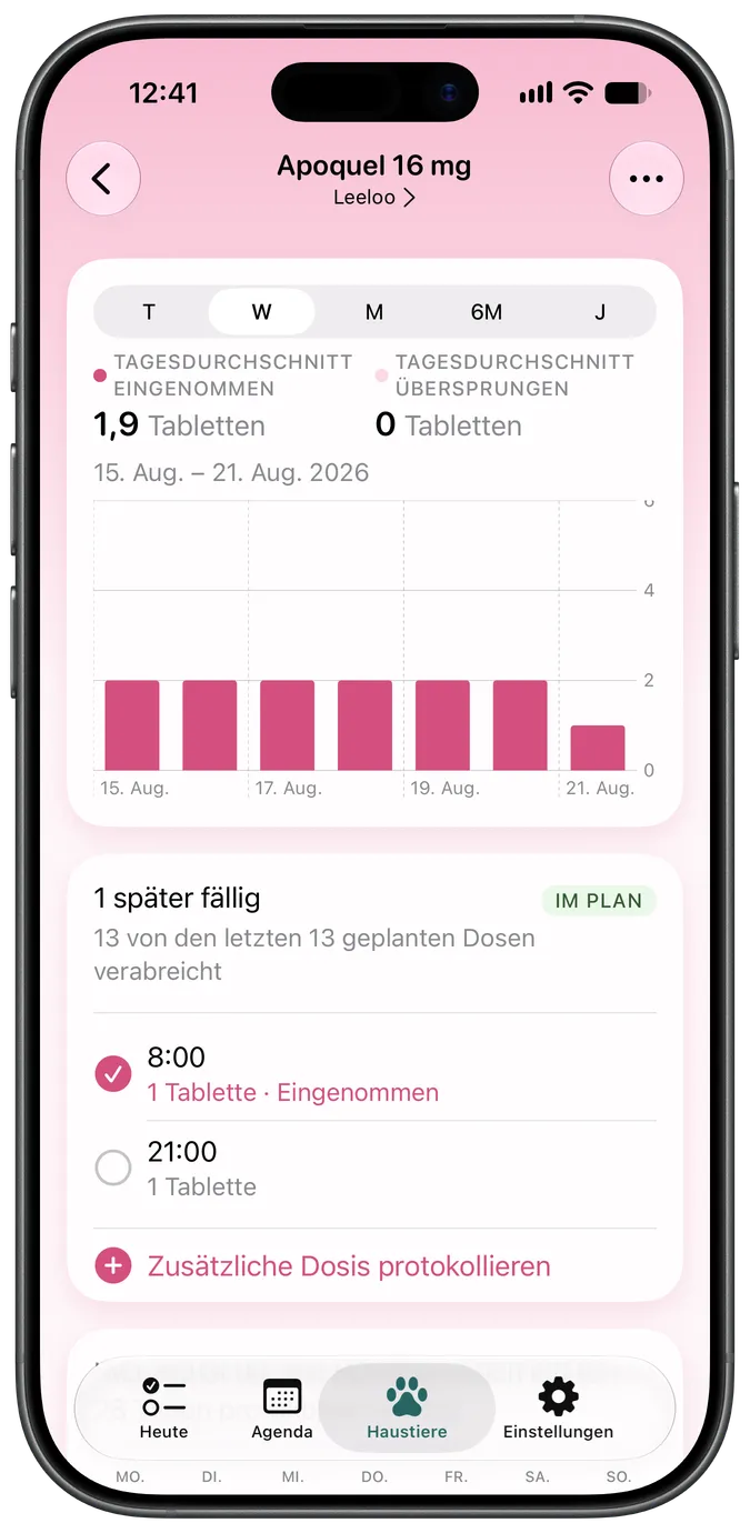 Medikamenten-Detailansicht mit fälligen und eingenommenen Dosen