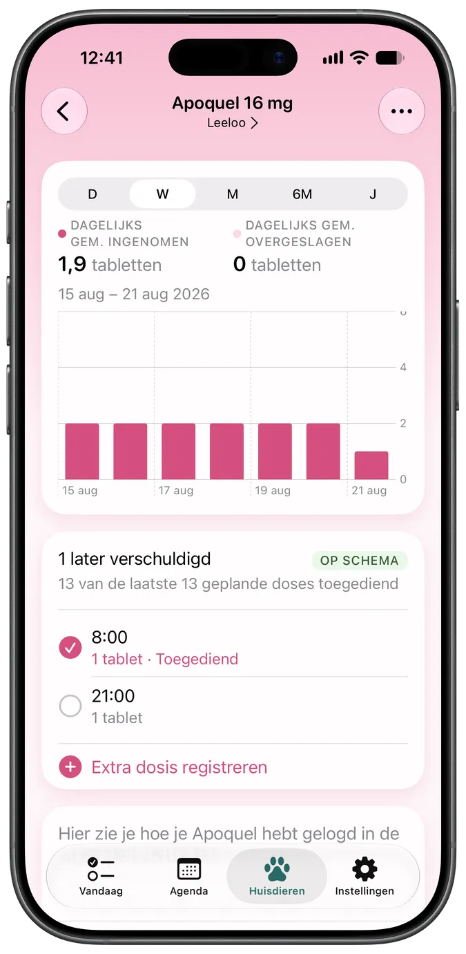 Medicijndetailscherm met verschuldigde en ingenomen doses