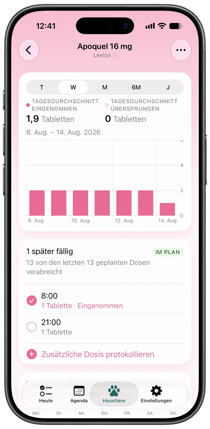 Medikamenten-Detailansicht mit fälligen und eingenommenen Dosen