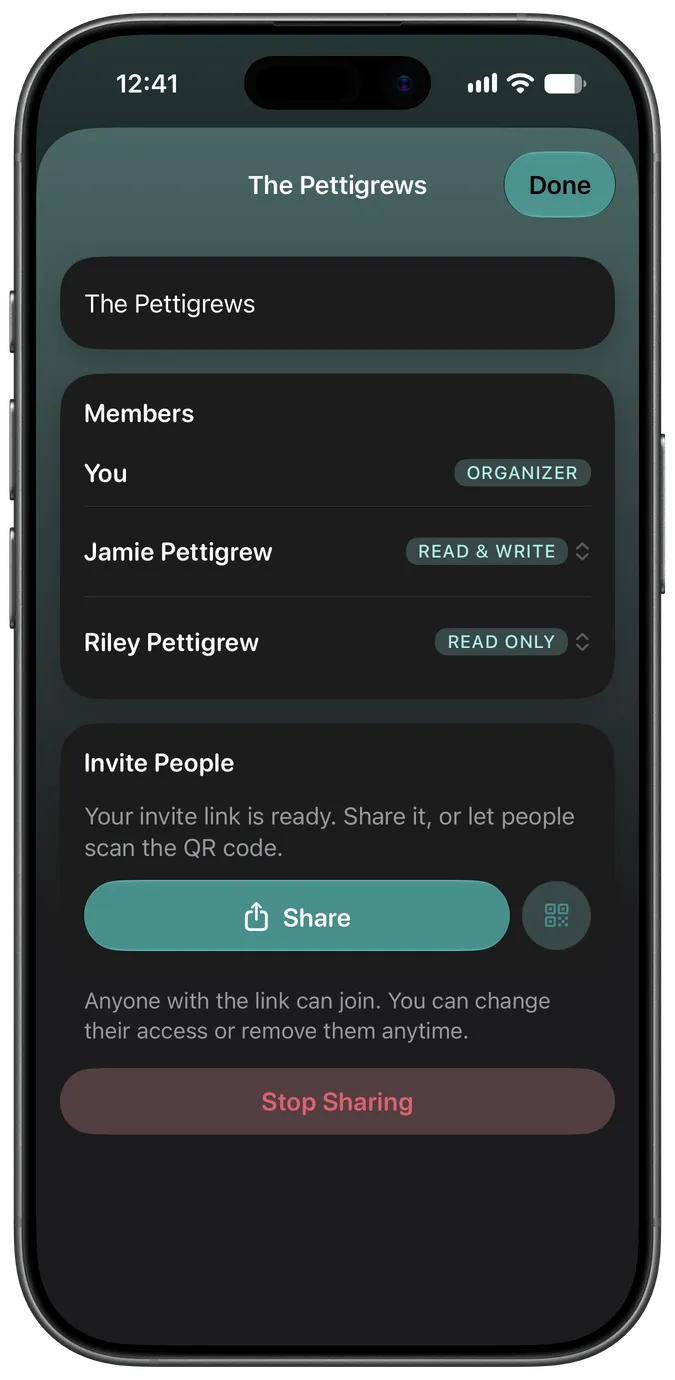 Family sharing screen showing two caretakers with access to the same pet