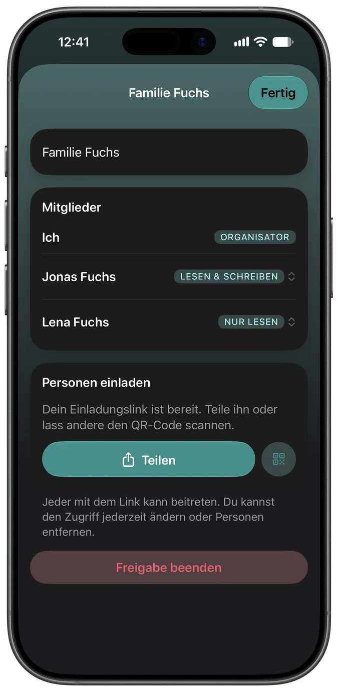 Bildschirm für „Familie teilen“ mit zwei Betreuern, die Zugriff auf dasselbe Haustier haben