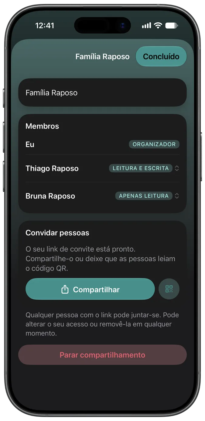 Tela de compartilhamento mostrando dois cuidadores com acesso ao mesmo pet